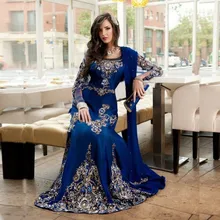 2016 Impressionante Azul Royal Frisado Vestido de Noite Muçulmano Mangas Compridas Kaftan Marroquino Vestido Cetim Stretch Chiffon Festa Vestidos FY171