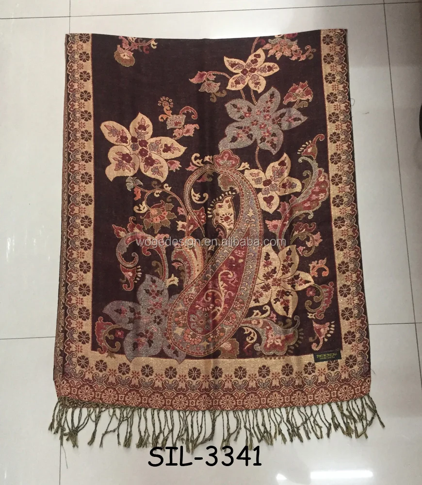 Womens dress shawl jacquard paisley floral polyester acrylic turkish golden lurex shine pashmina scarf
