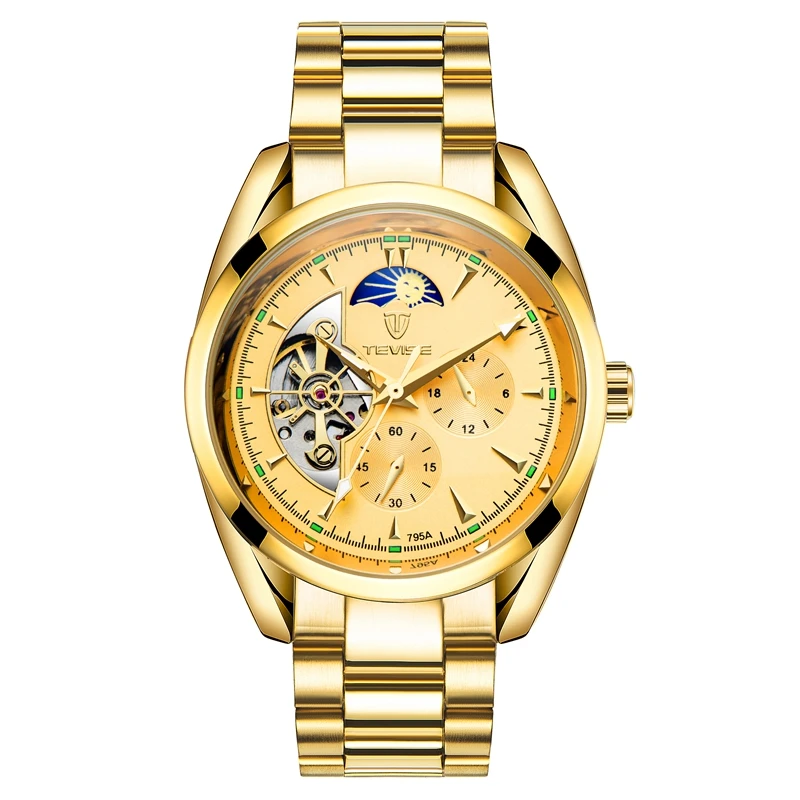 TEVISE Moon Phase Gold Men Skeleton Watch Automatic Mechanical Mens Watches Waterproof Self-winding Clock Stainless Steel Reloj