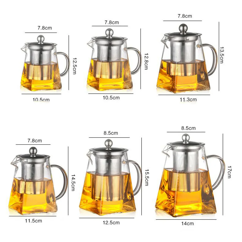 Heat Resistant Stainless Steel Handcrafted Borosilicate Glass Square Shape Tea Pot With Infuser