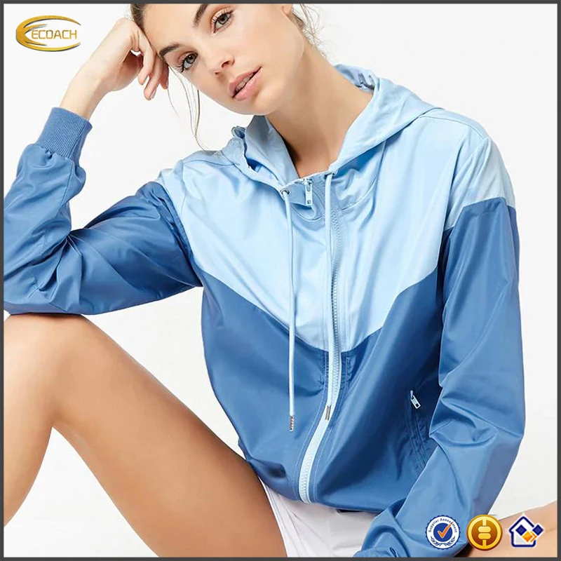 ECOACH Nylon Lining Windbreak Jacket With Hoody Full Zip Up Color Blocked Quick Dry Waterproof Nylon WindbreakerJacket For Women