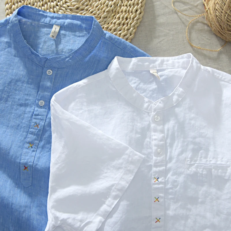 hot sale popular plain linen short sleeve man shirts