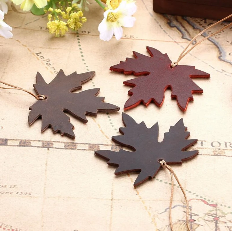Dreamtop DTF276 maple leaf shape customized bookmarks for reader vintage real leather fashion bookmark for promotion