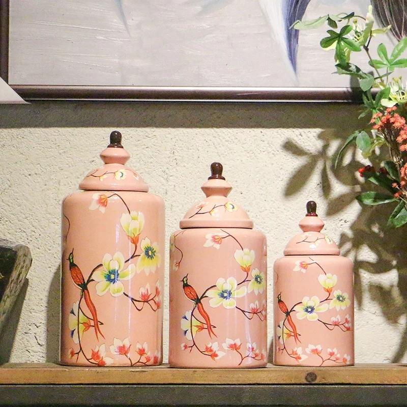 pink ceramic jar with flower and bird painted for hotel or home decoration porcelain holiday gift wholesale