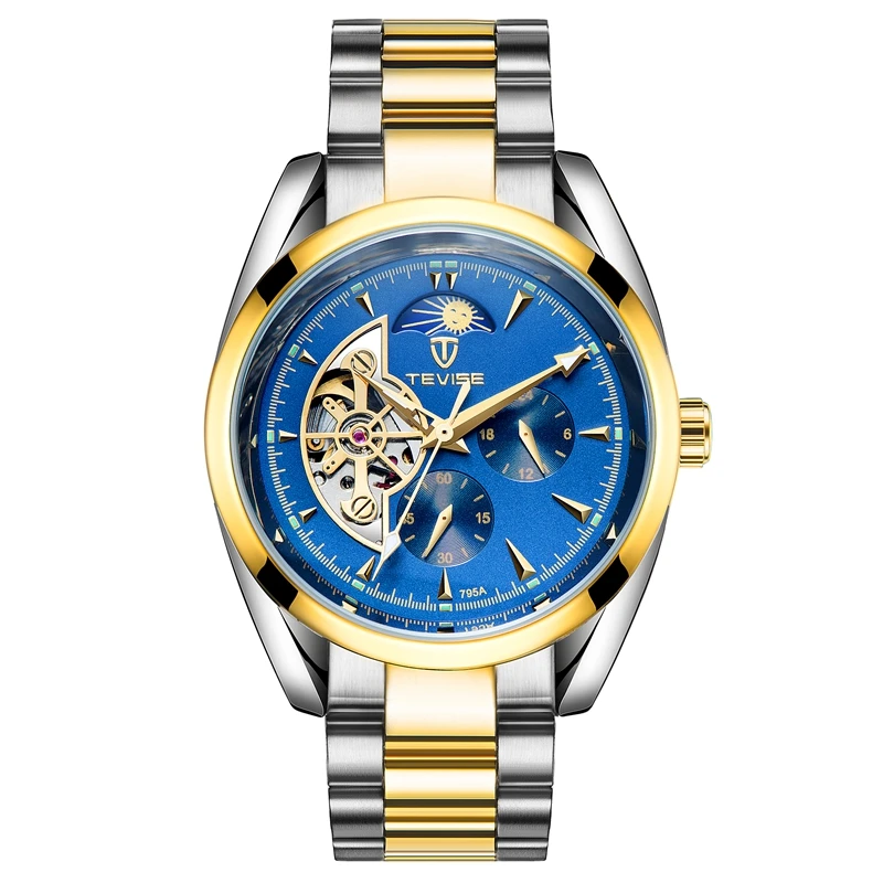 TEVISE Moon Phase Gold Men Skeleton Watch Automatic Mechanical Mens Watches Waterproof Self-winding Clock Stainless Steel Reloj