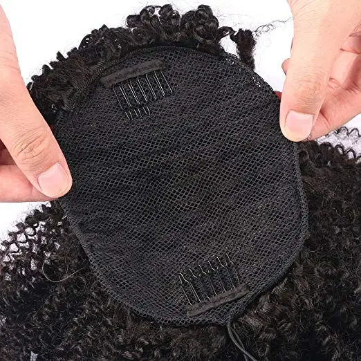 120g Short natural  kinky curly human hair drawstring ponytails Clip ins natural hair puff pony tail