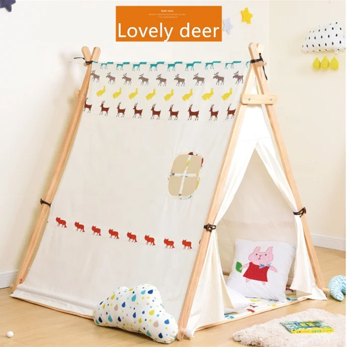 
A type wood frame play teepee tent kids teepee Play Tent Children Teepees Kids Tipi Tent Cotton Canvas 