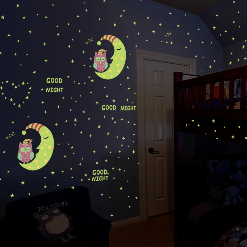 Kids bedroom cute owl glow dark stickers