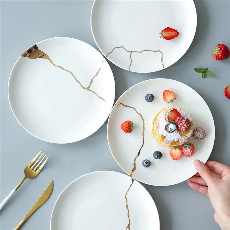 Elegant design wholesale wedding white porcelain flat plate  with gold intersperse