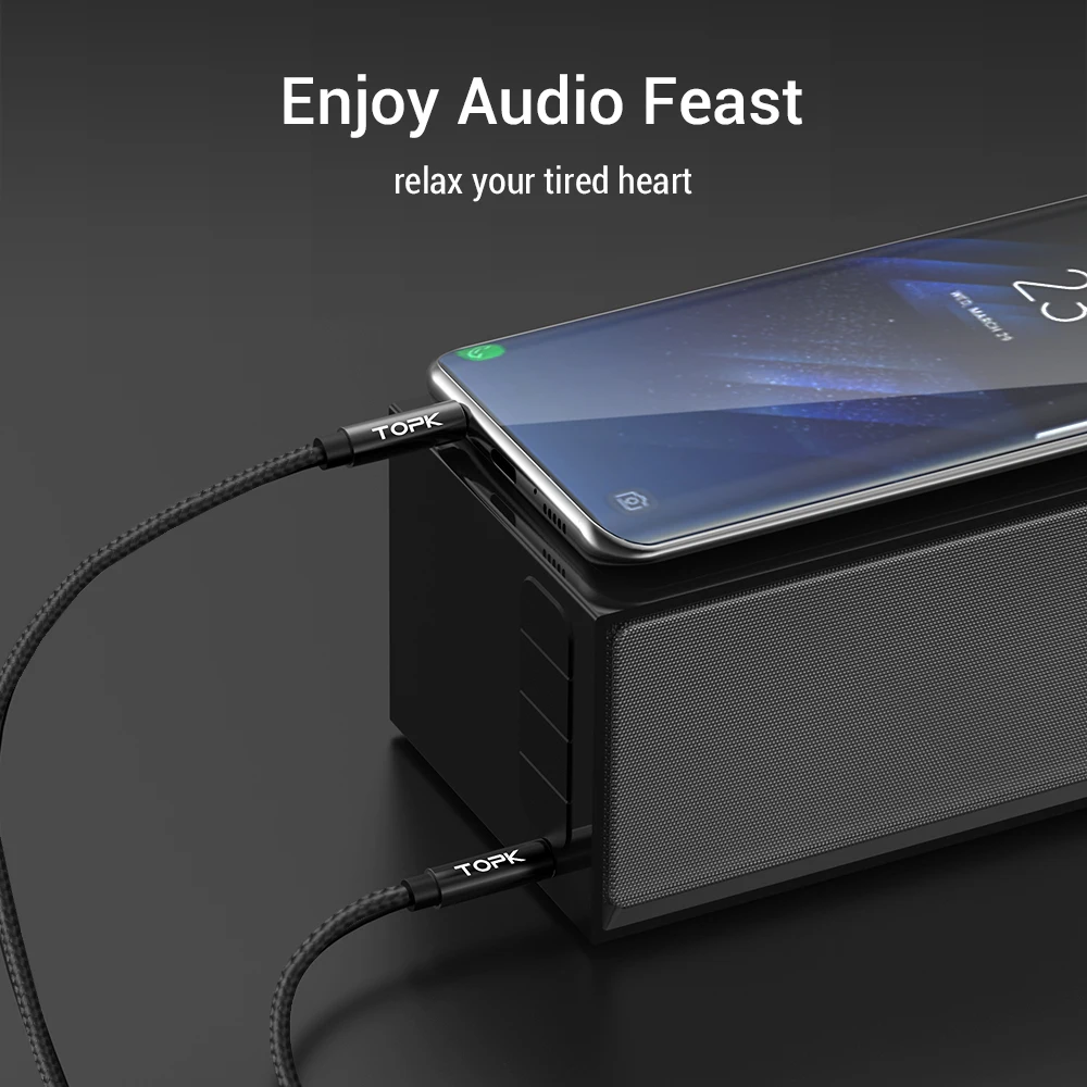 TOPK Gold Plating Nylon Weave Speaker Headphone Male to Male 3.5mm 35mm Aux Audio Cable