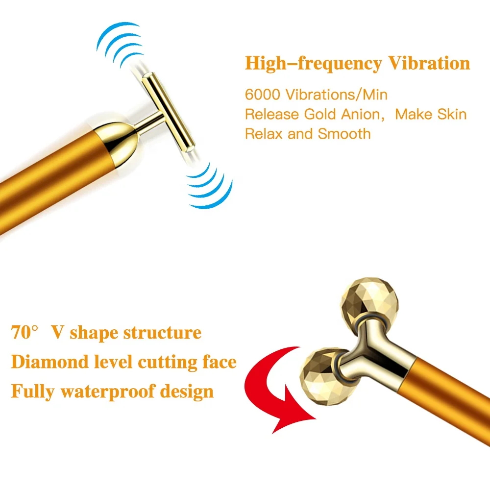 Wholesale 24k Gold Skin Care Face Massager 3D Roller Electric Sonic Depuffer Energy Beauty Bar with Package Combination