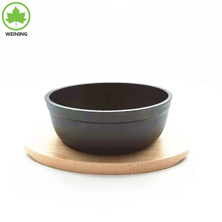 Round Cast Iron Bowl with Wooden Base