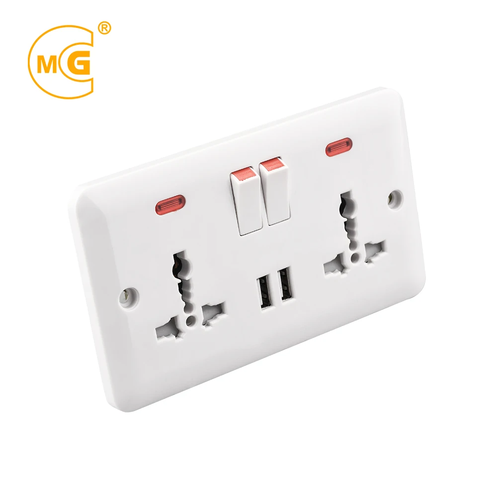Wall multiple UK power 13amp plug socket outlet with USB port