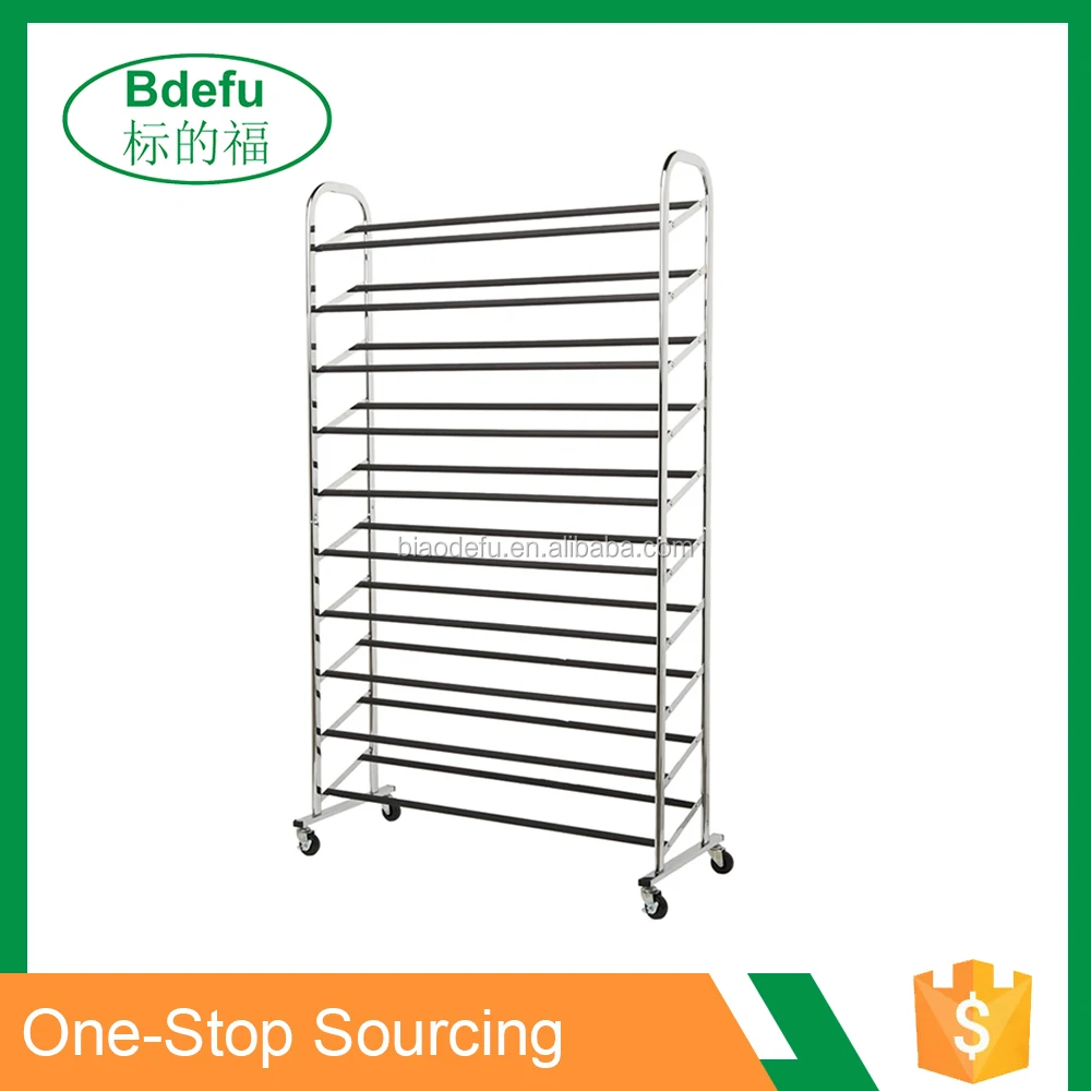 Chrome 10-Tier 50-Pair Stainless Steel Shoe Rack, Sturdy Rolling Steel Shoe Organizer with Non-Slip Bars