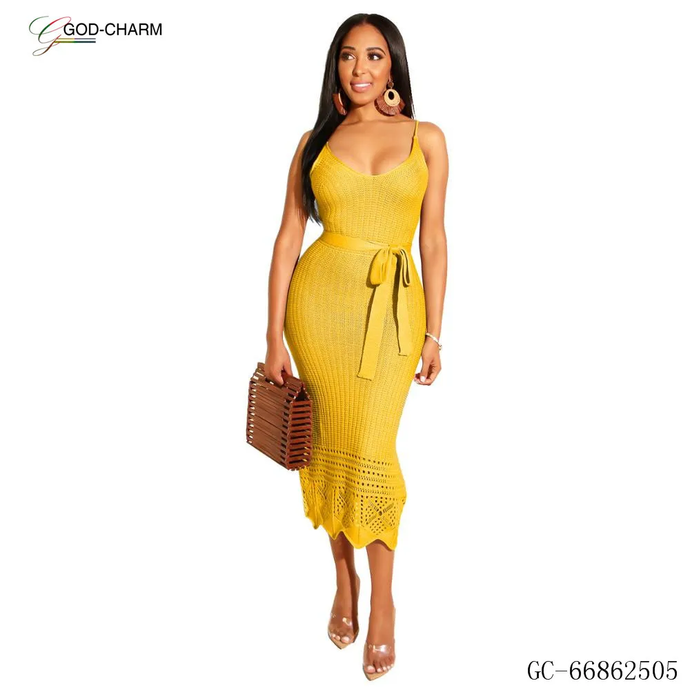 GC-66862505 Wholesale 2019 Summer Fashion Nude Bodycon Lace Tie Halter Sexy Casual Beach Maxi Dress African Clothing