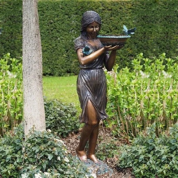 Уличное садовое украшение бронзовые статуи фонтана красивая девушка с маленькой птичкой скульптура