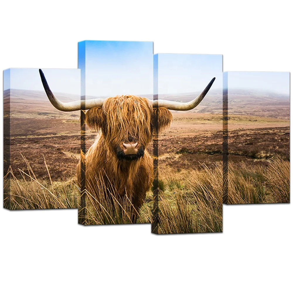 4 Panels Cow Wall Art for Home Decoration Texas Longhorn Pictures Extra Large Animal Wildlife Wall Decor Print on Canvas
