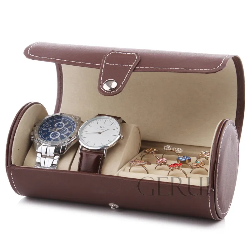 Travel Portable Round Tin Mens Watch Gift Box Leather Rolling Watch Travel Case
