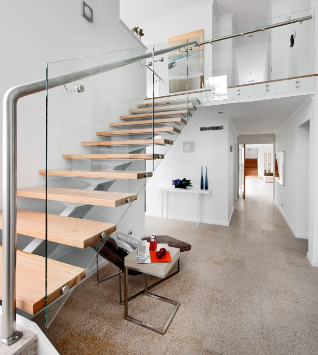 Modern solid wood tread glass balustrade straight stair