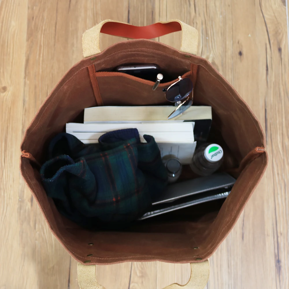 CHANGRONG Custom vintage brown waxed leather canvas large tote bag for travel