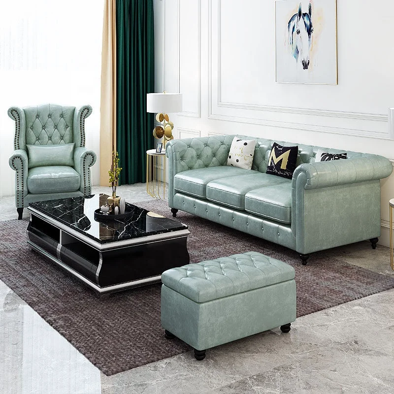 
Leather cushion solid wood structure chesterfield sofa set for hotel 