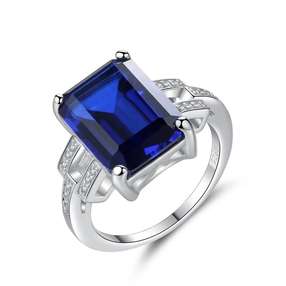 CZCITY Woman Trendy 925 Sterling Silver Gemstone Chunky Sapphire Blue Stone Finger Square Ring