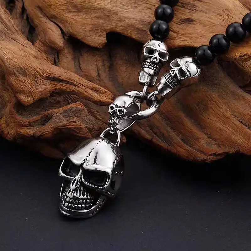 YK Natural Stone Jewelry 8mm Black Onyx Beaded Stainless Steel Skull Head Necklace