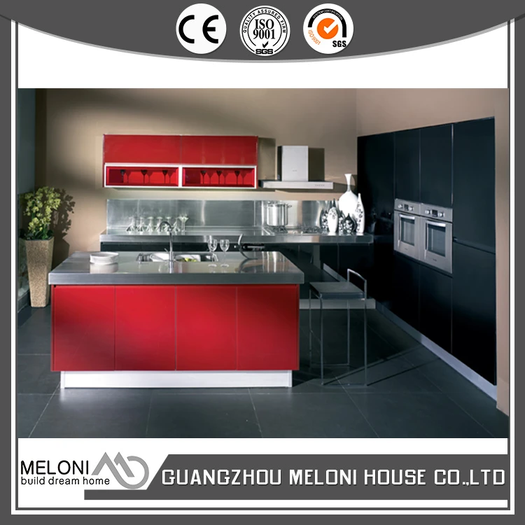 Glossy red with black built-in color indian style kitchen design