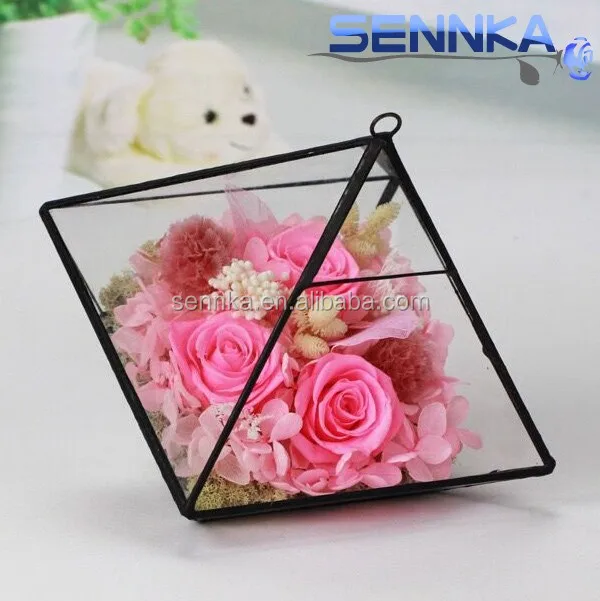 save20% 6-7cm glass flower Rose in Triangle glass for wedding table centerpieces