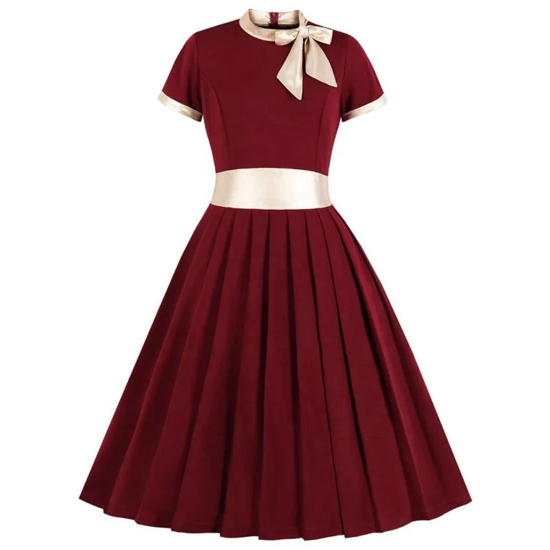 2019 Solid Women Retro Dress Short Sleeves Pleated Vintage Dress