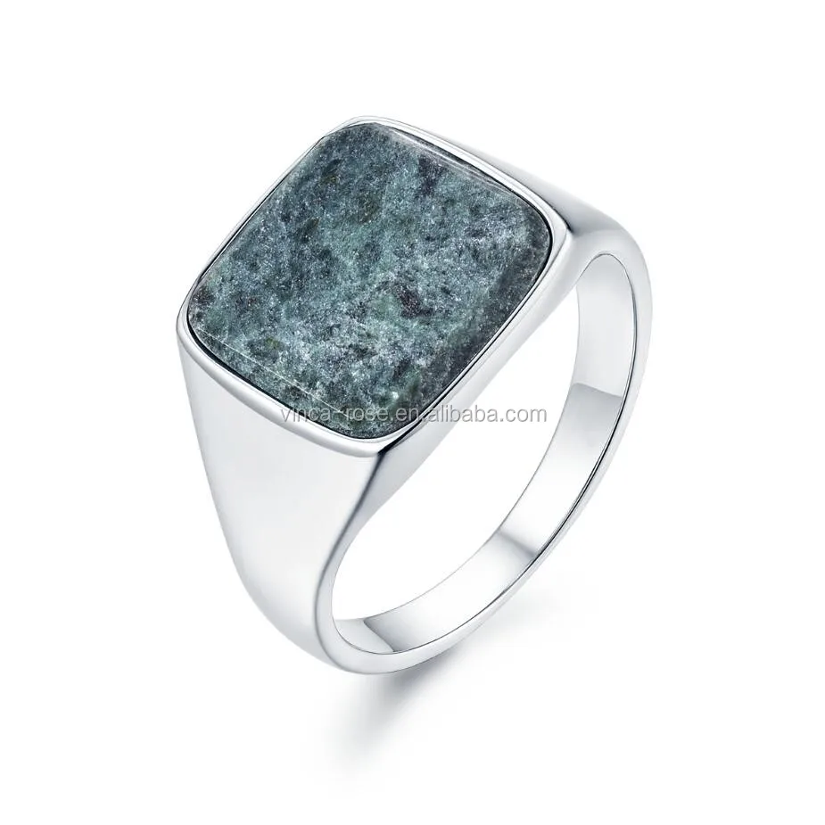 Factory Price Wholesale 925 silver jewelry Signet Rings for men,  Natrual Marble stone cushion shape