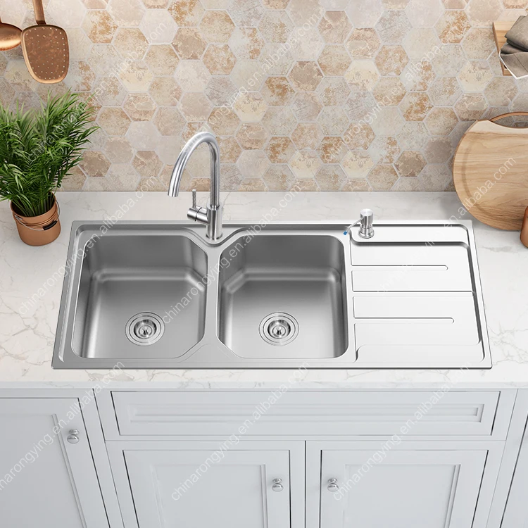 Новая модель кухонной раковины из нержавеющей стали с герметичным мусорным баком и дренажной доской