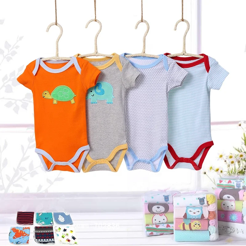 Wholesale Baby Clothes 3 Pack Printed Embroidery Short Sleeve Romper Newborn Infant Bodysuit And Towel Gift Set Baju Bayi