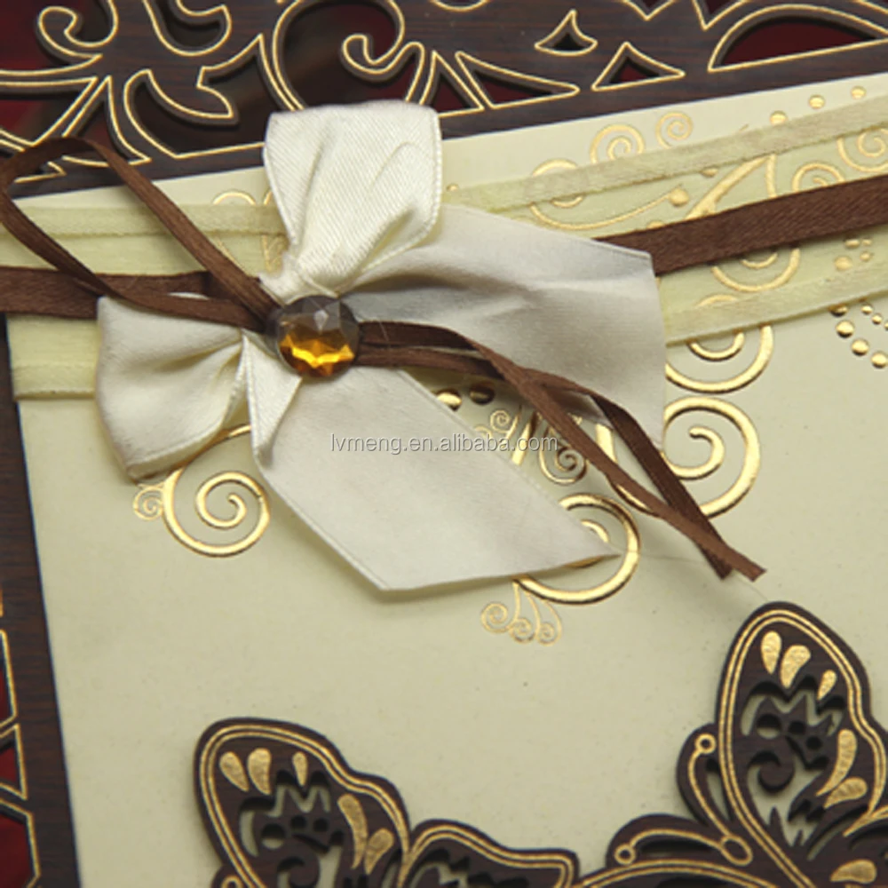 
2016 arabic buautiful Ribbon&butterfly laser cut wooden wedding card/High quality gold stamping invitation card 