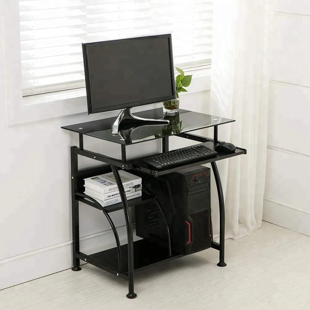 Tempered glass Steel Computer Desk with storage shelf Study PC Laptop Study Writing Table Home Office use Furniture