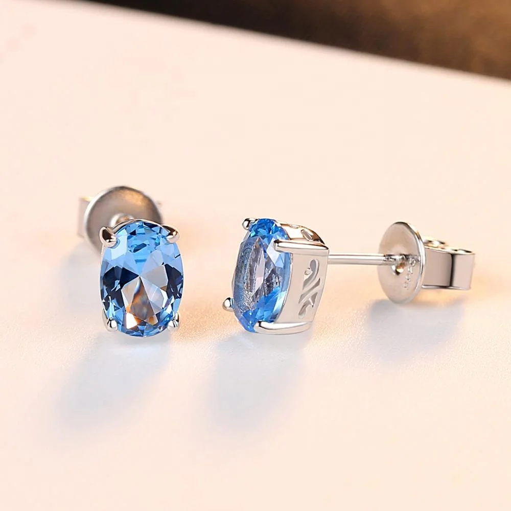 CZCITY Real 925 Sterling Silver Sky Blue Color Topaz Earrings Oval Shape Studs for Ladies Elegant Gemstone Jewelry