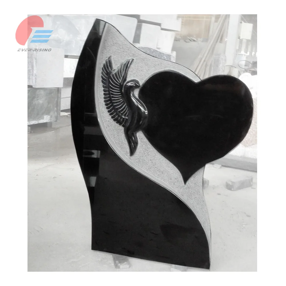 European Modern Black Granite Dove Heart Shaped Carved Tombstone