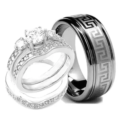 His & Hers 3 Pieces Engagement Wedding Rings Set