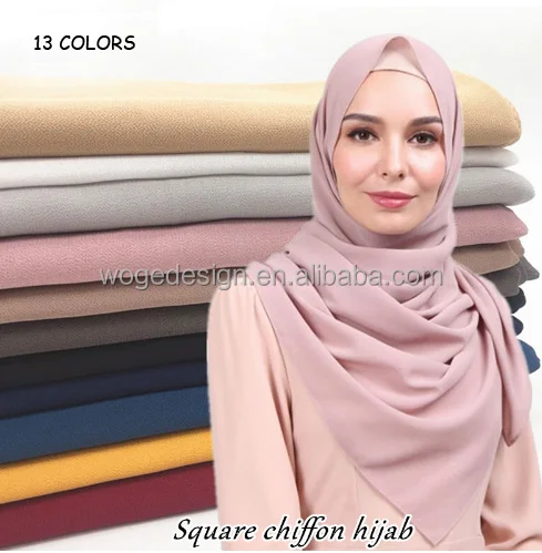 Muslim rectangular dress shawl hijab bandana ladies yiwu factory bubble plain solid heavy polyester square chiffon scarf
