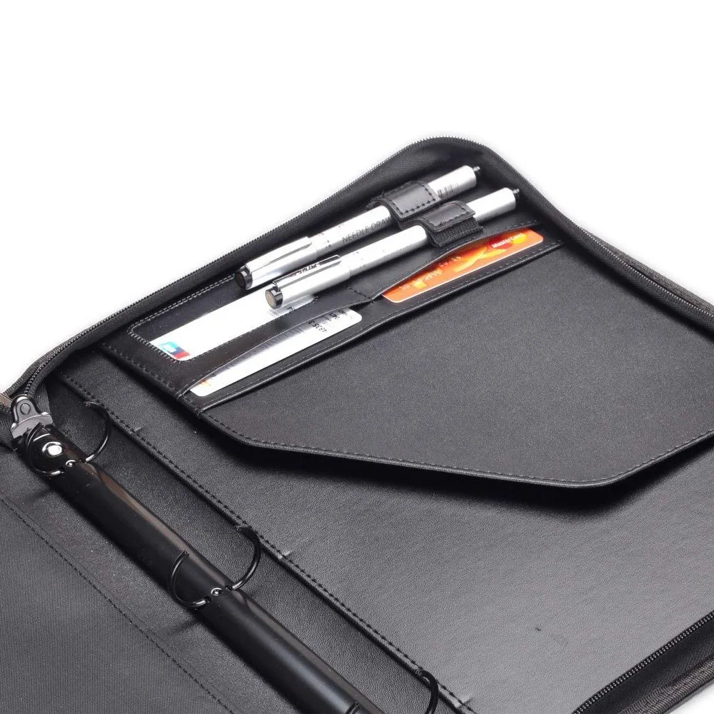 Multifunction Folder For Business Men and Women Zippered PU Leather Portfolio With 3 Rings Loose-leaf Folder Binder Padfolio