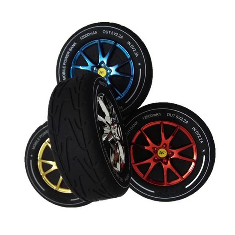 Fashion car wheel tire shaped mobile battery charger,12000mah 2A output tyre power bank for smartphone