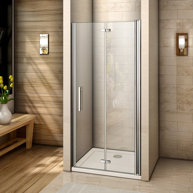
safty glass frameless bi-fold glass door used in wet room water proof smart bathroom vanity pivot shower screen 