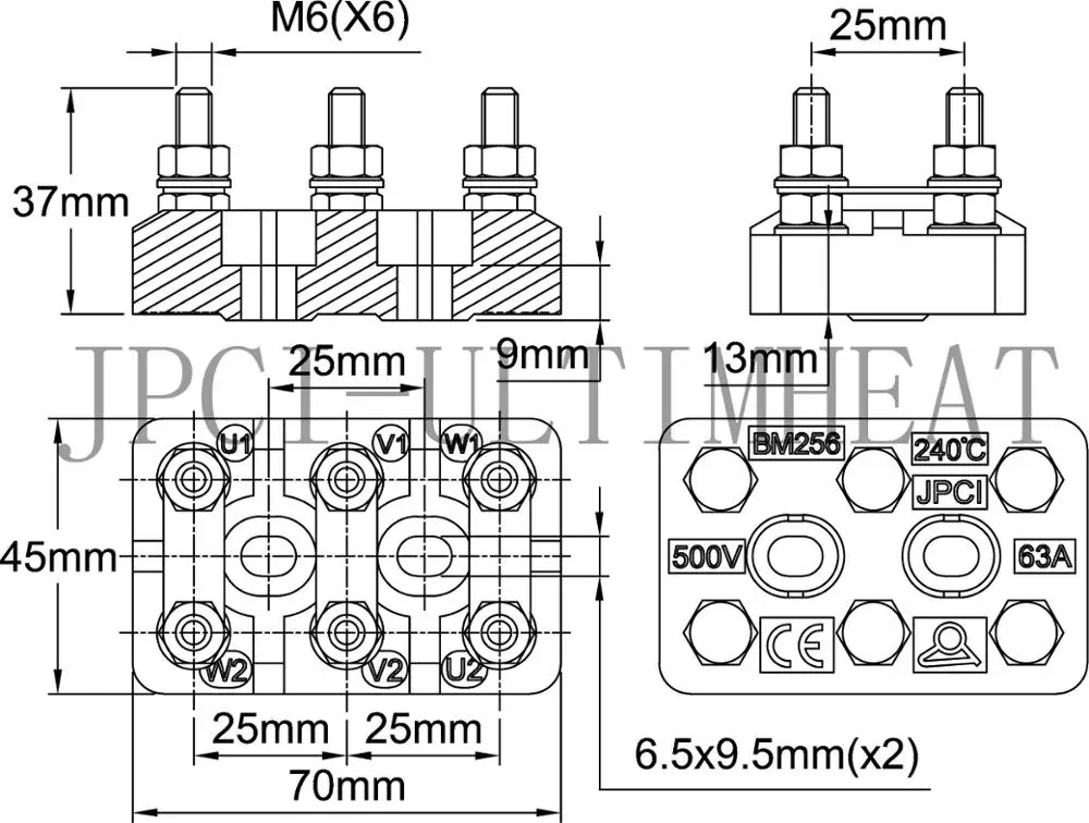 Type BM,  Terminal blocks in ceramic for 3 phases asynchronous electrical motors, 500V range