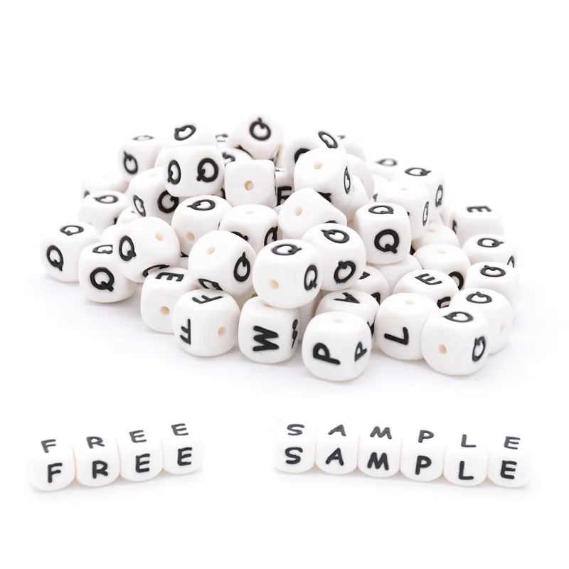 
12MM BPA Free Food Grade English Russian Letters Square Soft Silicone Chewing Baby Teething Alphabet Teether Beads 