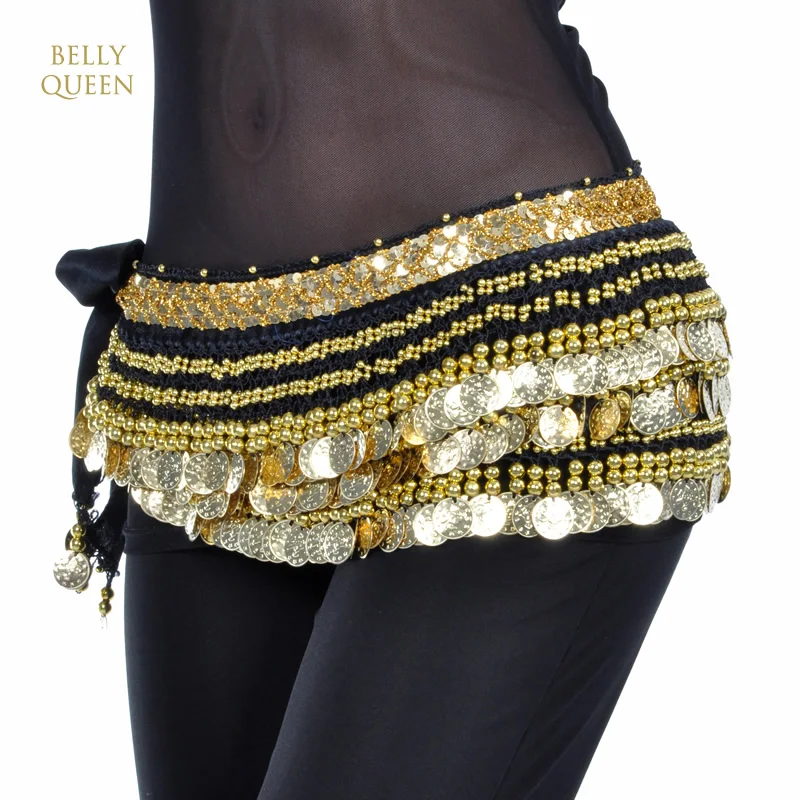 Velvet belly dance hip scarf with 338 gold coins BellyQueen
