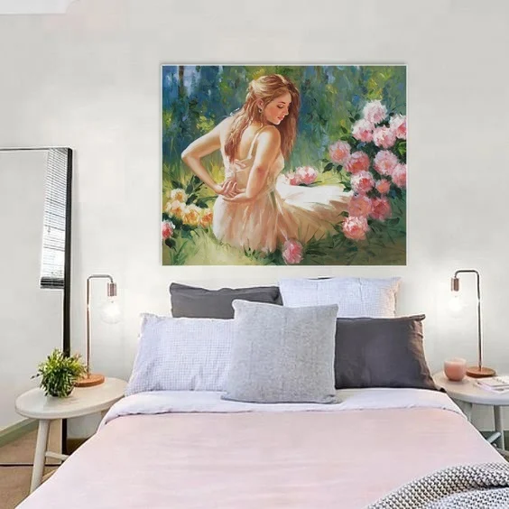 Wall art portrait of beautiful sexy girl with flower painting on canvas