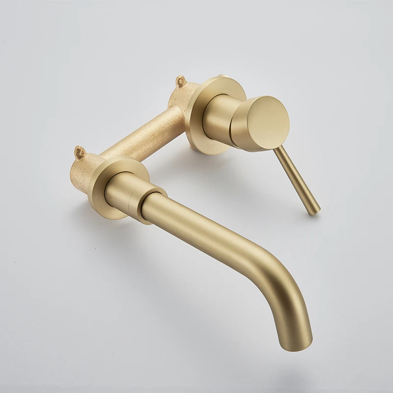 
New Hot Sale Brushed Golden Basin Faucet Concealed Wall Mounted Basin Hot Cold Water Bath Mixer Tap 360 Rotation Single Handle 