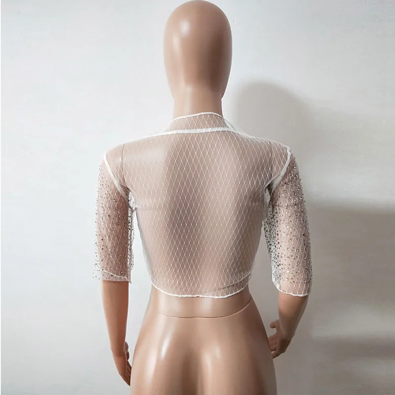 Club Women Rhinestone Sexy Crop top Mesh See Through Blouse