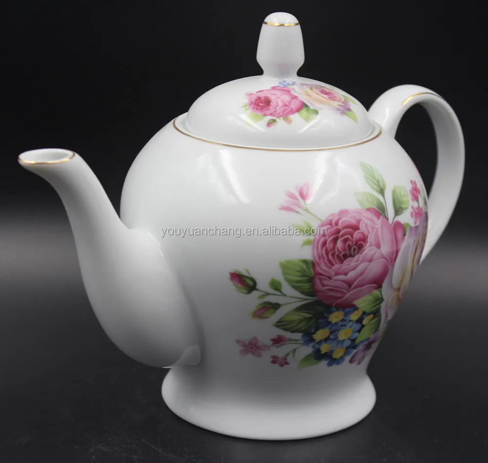 1100cc nice design porcelain teapot with rose decal printing