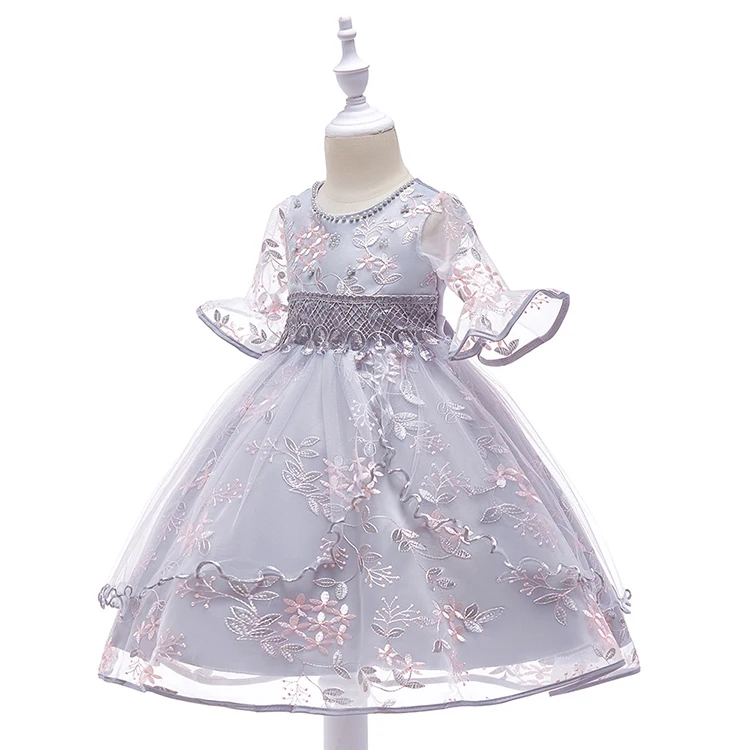 
Summer Embroidery Flower Girls Party Evening Dress Flare Sleeve Pink Gray Color Free Shipping 